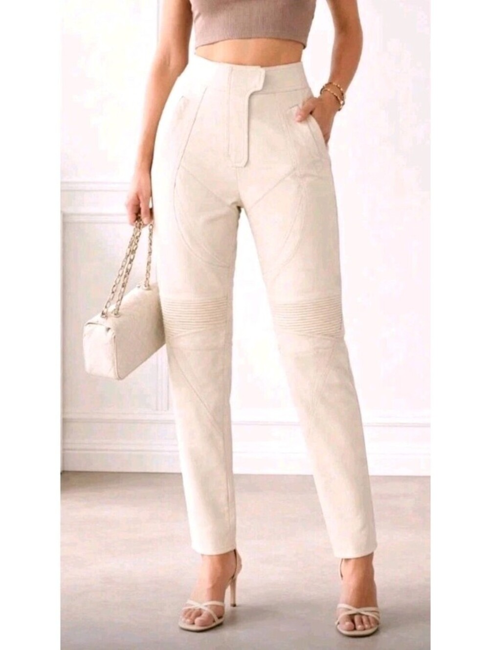 STELLA MCCARTNEY Loren Moto-Style Vegan Leather Pants Off-White Size IT 38 US 2
